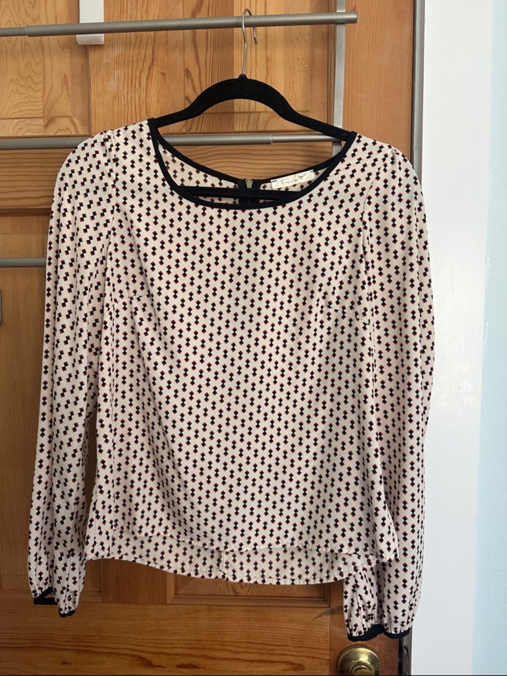 ezra Cream Blouse with Black Trim and Maroon Geometric Print